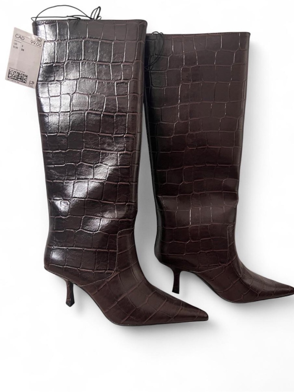 Brand New H&M Tall Pointed-Toe Croc-Embossed Knee Boots in Dark Brown